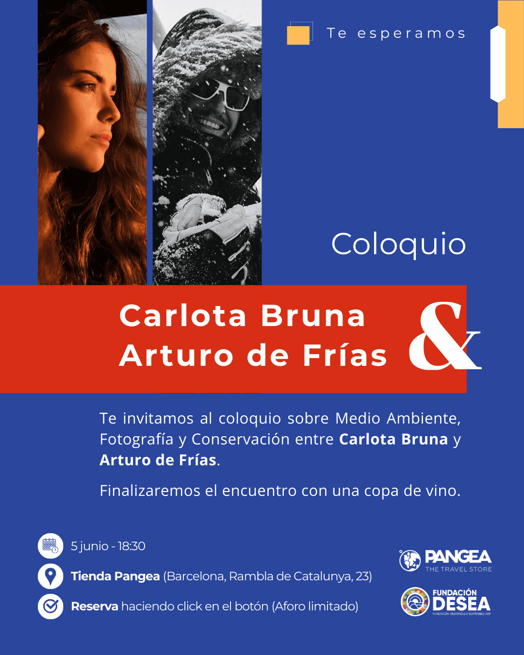Cartel del evento del 5 de junio a las 18:30 de 2025 en la Tienda Pangea en Barcelona. Un coloquio entre Carlota Bruna y Arturo de Frías sobre medio ambiente, fotografía y conservación.
